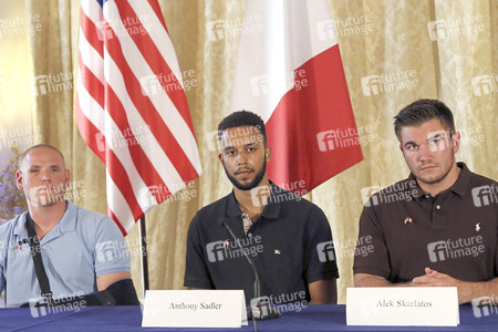Anthony Sadler, Alek Skarlatos and Spencer Stone Give A Press Conference At US Ambassador's Residence In Paris