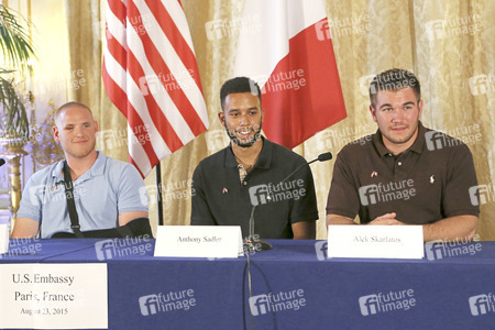 Anthony Sadler, Alek Skarlatos and Spencer Stone Give A Press Conference At US Ambassador's Residence In Paris