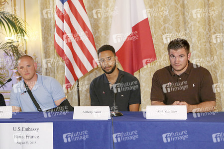 Anthony Sadler, Alek Skarlatos and Spencer Stone Give A Press Conference At US Ambassador's Residence In Paris