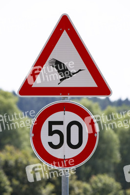 Verkehehrszeichen 'Vorsicht Storch' in Überlingen