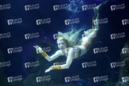 Meerjungfrau taucht ins Atlantis-Becken im AquaDom & Sea Life Berlin