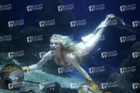 Meerjungfrau taucht ins Atlantis-Becken im AquaDom & Sea Life Berlin