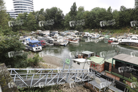 Niedrigwasser am Rhein in Düsseldorf
