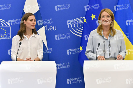 Pressekonferenz mit Sanna Marin und Roberta Metsola im EU-Parlament in Straßburg