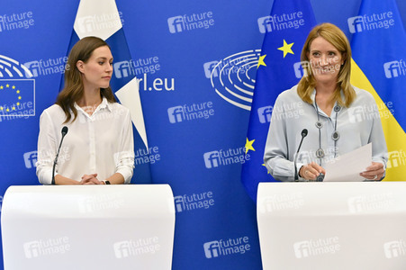 Pressekonferenz mit Sanna Marin und Roberta Metsola im EU-Parlament in Straßburg