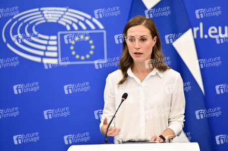 Pressekonferenz mit Sanna Marin und Roberta Metsola im EU-Parlament in Straßburg