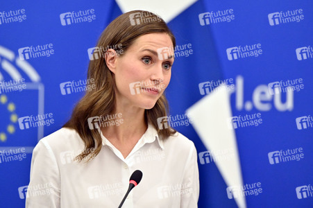 Pressekonferenz mit Sanna Marin und Roberta Metsola im EU-Parlament in Straßburg