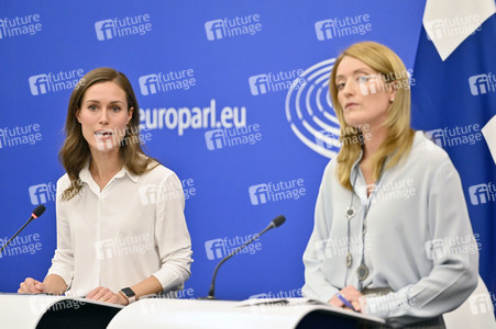 Pressekonferenz mit Sanna Marin und Roberta Metsola im EU-Parlament in Straßburg