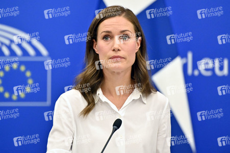 Pressekonferenz mit Sanna Marin und Roberta Metsola im EU-Parlament in Straßburg