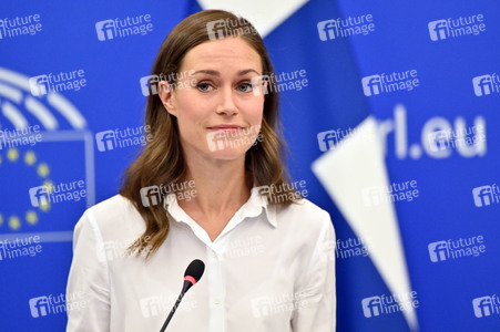 Pressekonferenz mit Sanna Marin und Roberta Metsola im EU-Parlament in Straßburg