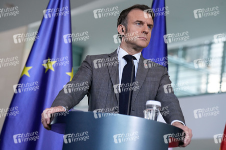 Pressestatement von Emmanuel Macron, Donald Tusk und Olaf Scholz in Berlin