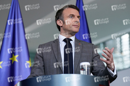 Pressestatement von Emmanuel Macron, Donald Tusk und Olaf Scholz in Berlin