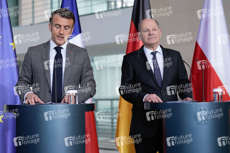 Pressestatement von Emmanuel Macron, Donald Tusk und Olaf Scholz in Berlin