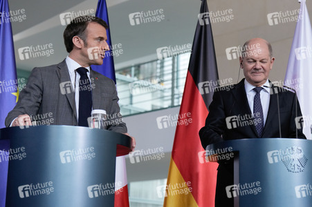 Pressestatement von Emmanuel Macron, Donald Tusk und Olaf Scholz in Berlin
