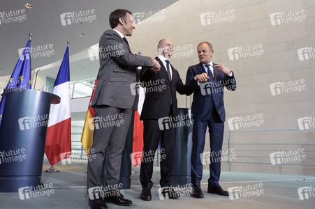 Pressestatement von Emmanuel Macron, Donald Tusk und Olaf Scholz in Berlin