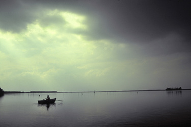 Ein Junge rudert bei Steinhude auf dem Steinhuder Meer, die Insel Wilhelmstein im Hintergrund