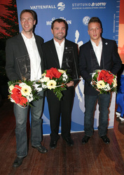 Jens Vogt (3. Platz), 2. Platz vertreten durch Patrick Ebert (sein Kapitän Arne Friedrich konnte den Preis leider nicht persoenlich entgegennehmen), 1. Arthur Abraham (wurde durch Sven Ottke vertreten)