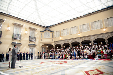 Spanish Royals Receive 'Ruta Quetzal BBVA 2014' Youth Group, Madrid