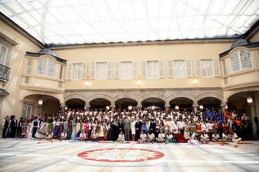 Spanish Royals Receive 'Ruta Quetzal BBVA 2014' Youth Group, Madrid