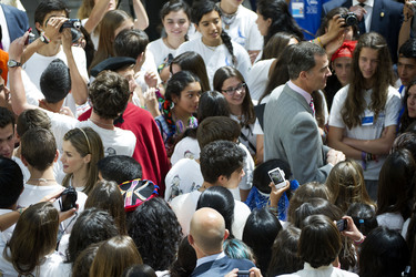 Spanish Royals Receive 'Ruta Quetzal BBVA 2014' Youth Group, Madrid