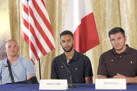 Anthony Sadler, Alek Skarlatos and Spencer Stone Give A Press Conference At US Ambassador's Residence In Paris