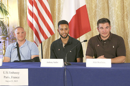 Anthony Sadler, Alek Skarlatos and Spencer Stone Give A Press Conference At US Ambassador's Residence In Paris
