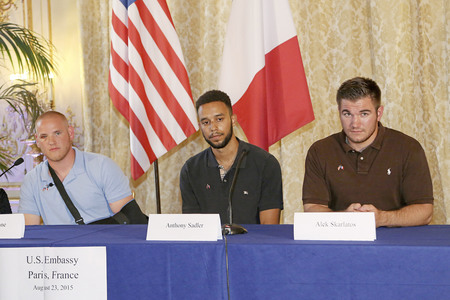 Anthony Sadler, Alek Skarlatos and Spencer Stone Give A Press Conference At US Ambassador's Residence In Paris