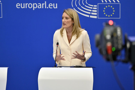 Pressekonferenz mit Roberta Metsola im Europäischen Parlament in Straßburg