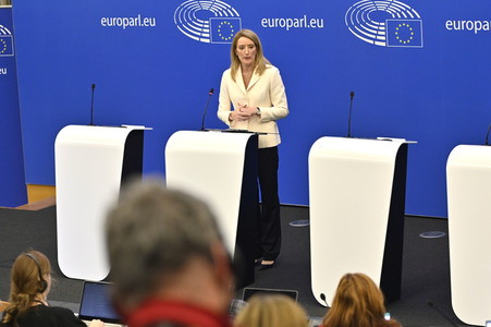 Pressekonferenz mit Roberta Metsola im Europäischen Parlament in Straßburg