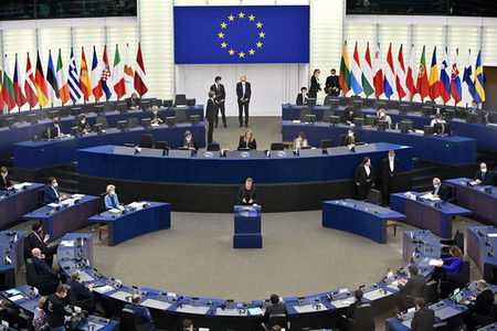 Plenartagung zur militärischen Bedrohung der Ukraine durch Russland im EU-Parlament in Straßburg