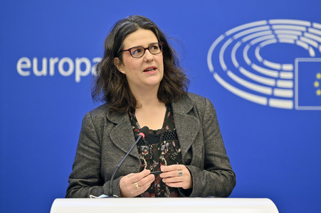 Pressekonferenz mit Gwendoline Delbos-Corfield zur Wahl in Ungarn im EU-Parlament in Straßburg