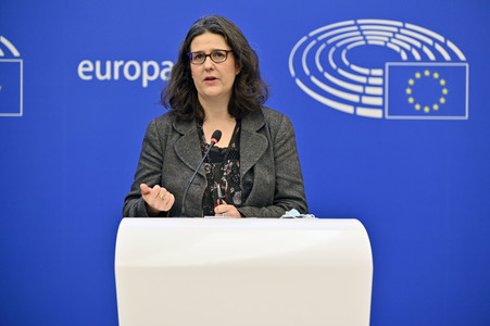 Pressekonferenz mit Gwendoline Delbos-Corfield zur Wahl in Ungarn im EU-Parlament in Straßburg
