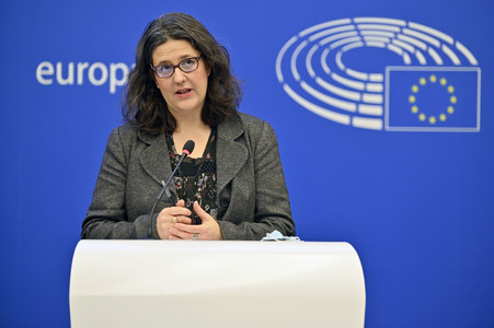 Pressekonferenz mit Gwendoline Delbos-Corfield zur Wahl in Ungarn im EU-Parlament in Straßburg