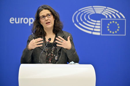 Pressekonferenz mit Gwendoline Delbos-Corfield zur Wahl in Ungarn im EU-Parlament in Straßburg