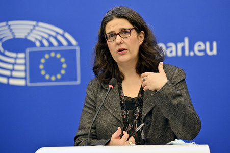 Pressekonferenz mit Gwendoline Delbos-Corfield zur Wahl in Ungarn im EU-Parlament in Straßburg