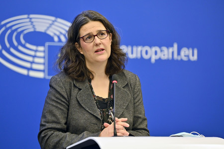Pressekonferenz mit Gwendoline Delbos-Corfield zur Wahl in Ungarn im EU-Parlament in Straßburg