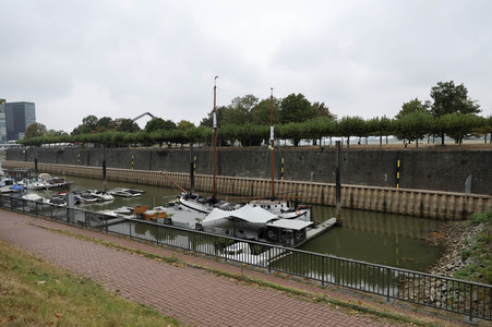 Niedrigwasser am Rhein in Düsseldorf