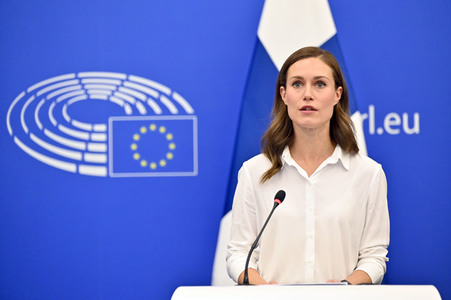 Pressekonferenz mit Sanna Marin und Roberta Metsola im EU-Parlament in Straßburg