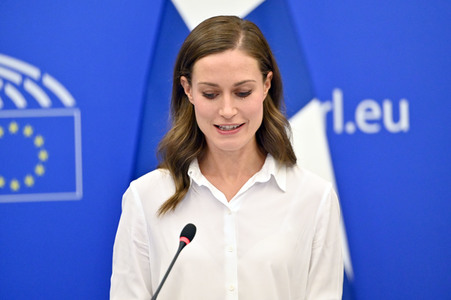 Pressekonferenz mit Sanna Marin und Roberta Metsola im EU-Parlament in Straßburg