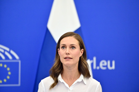 Pressekonferenz mit Sanna Marin und Roberta Metsola im EU-Parlament in Straßburg