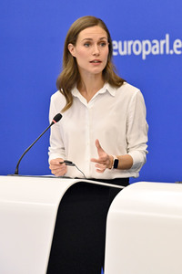 Pressekonferenz mit Sanna Marin und Roberta Metsola im EU-Parlament in Straßburg