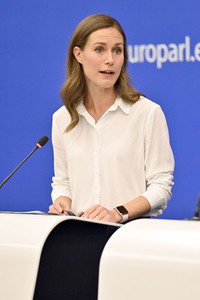 Pressekonferenz mit Sanna Marin und Roberta Metsola im EU-Parlament in Straßburg