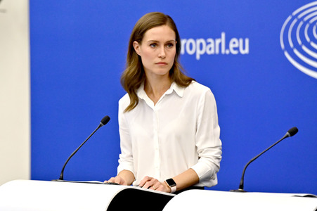 Pressekonferenz mit Sanna Marin und Roberta Metsola im EU-Parlament in Straßburg