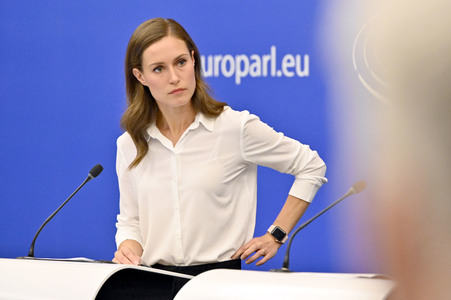 Pressekonferenz mit Sanna Marin und Roberta Metsola im EU-Parlament in Straßburg