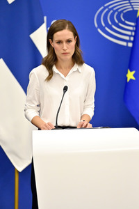 Pressekonferenz mit Sanna Marin und Roberta Metsola im EU-Parlament in Straßburg
