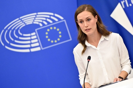 Pressekonferenz mit Sanna Marin und Roberta Metsola im EU-Parlament in Straßburg