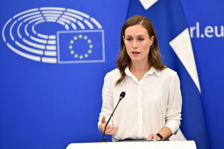 Pressekonferenz mit Sanna Marin und Roberta Metsola im EU-Parlament in Straßburg