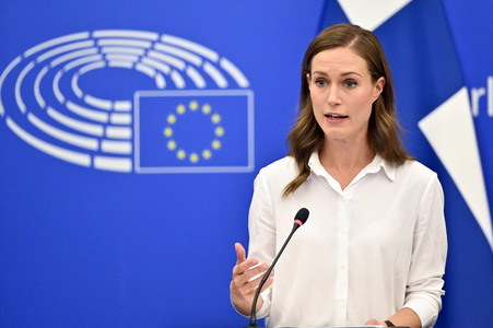 Pressekonferenz mit Sanna Marin und Roberta Metsola im EU-Parlament in Straßburg