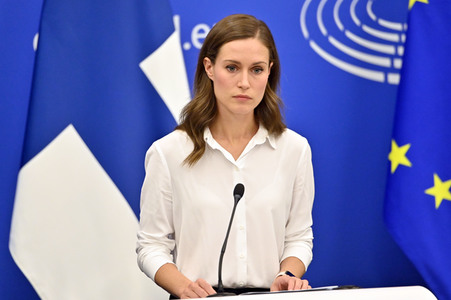 Pressekonferenz mit Sanna Marin und Roberta Metsola im EU-Parlament in Straßburg