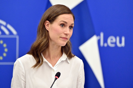 Pressekonferenz mit Sanna Marin und Roberta Metsola im EU-Parlament in Straßburg